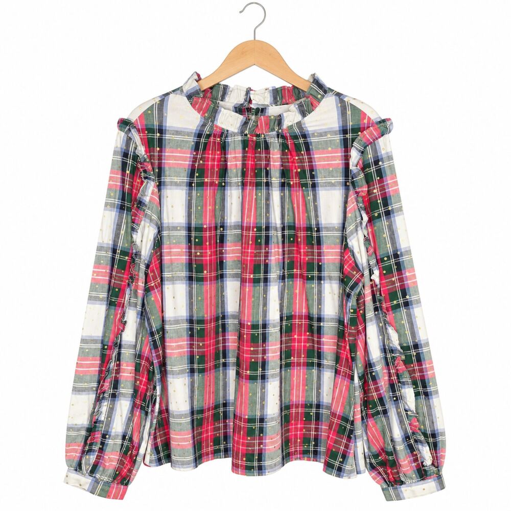 Crown & Ivy Womens Plaid Gold Dot Ruffle Blouse Plus Size 1X Cottagecore Preppy